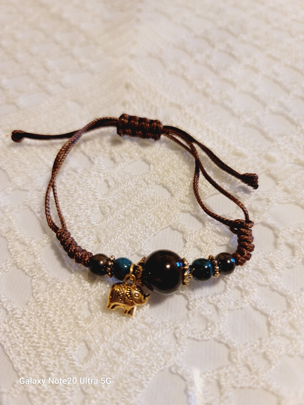 Handmade Brown Bead Bracelet with Gold Tone Elephant Charm